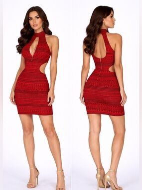 bebe Red Halter Cutout Mini Dress